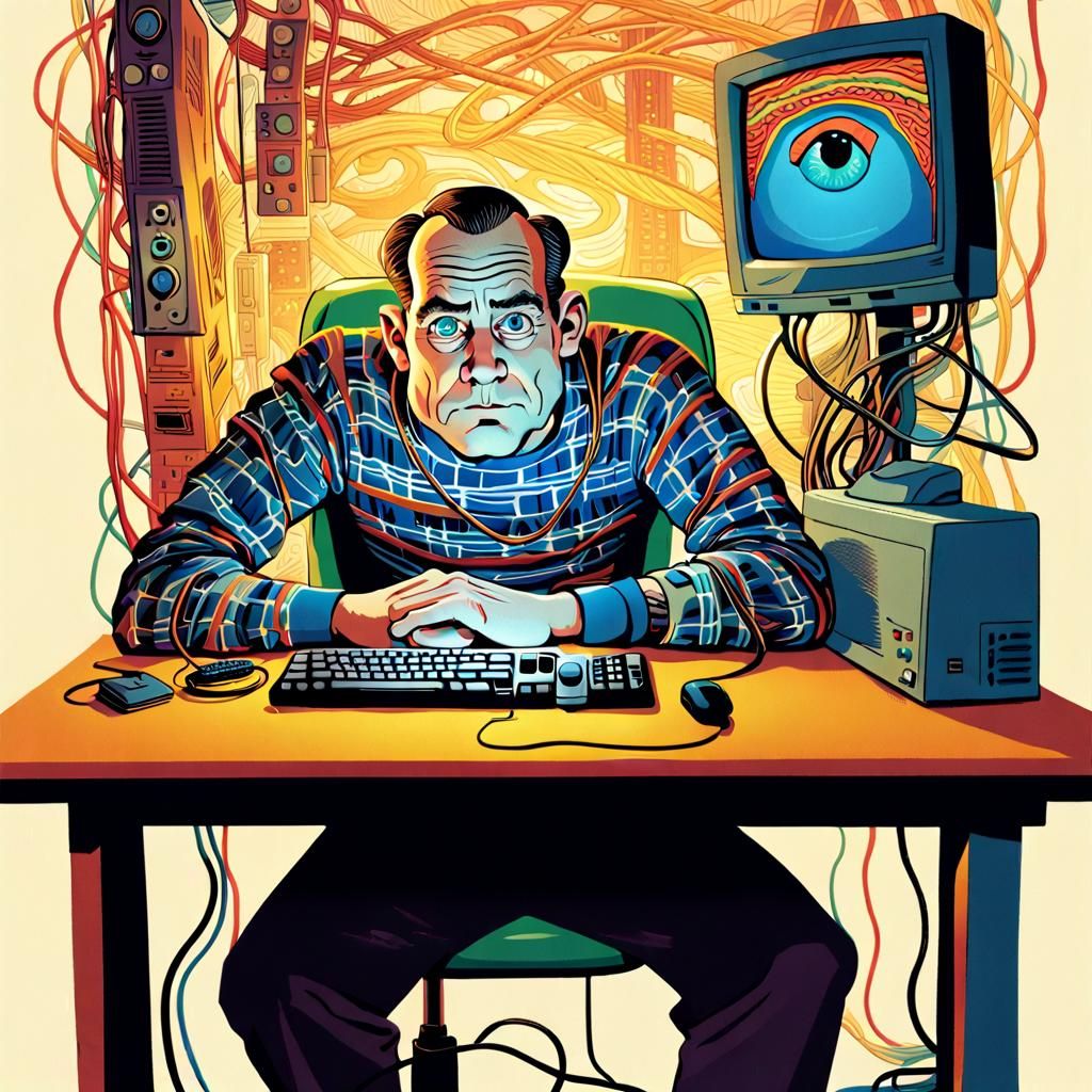 Comedic Caricature of Man at Computer in 2D Style