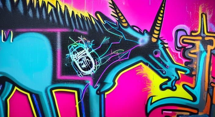 Unicorn Dissection: Surreal Street Art in Basquiat Style