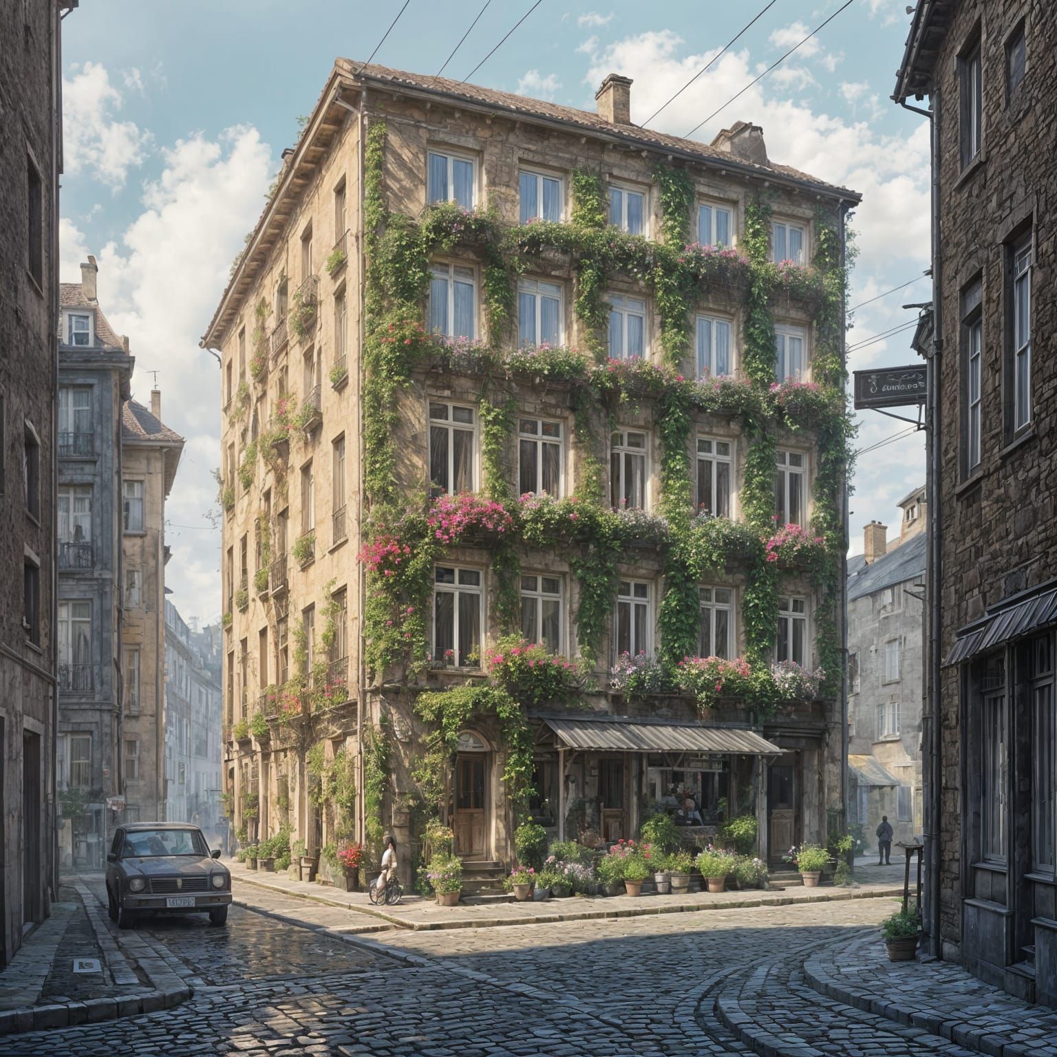 des immeubles d'habitation recouverts de végétation Greg Rutkowski techniques mixtes soft focus
