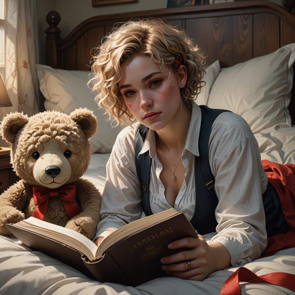 Cozy Bedroom Scene with Woman Reading a Book