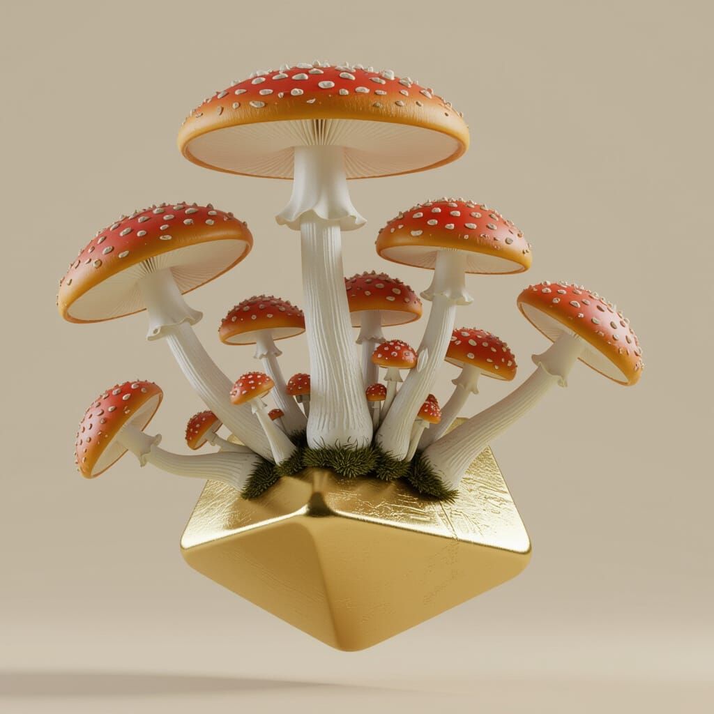 Hyperrealistic Mushrooms on Golden Cube, Studio Ghibli Style