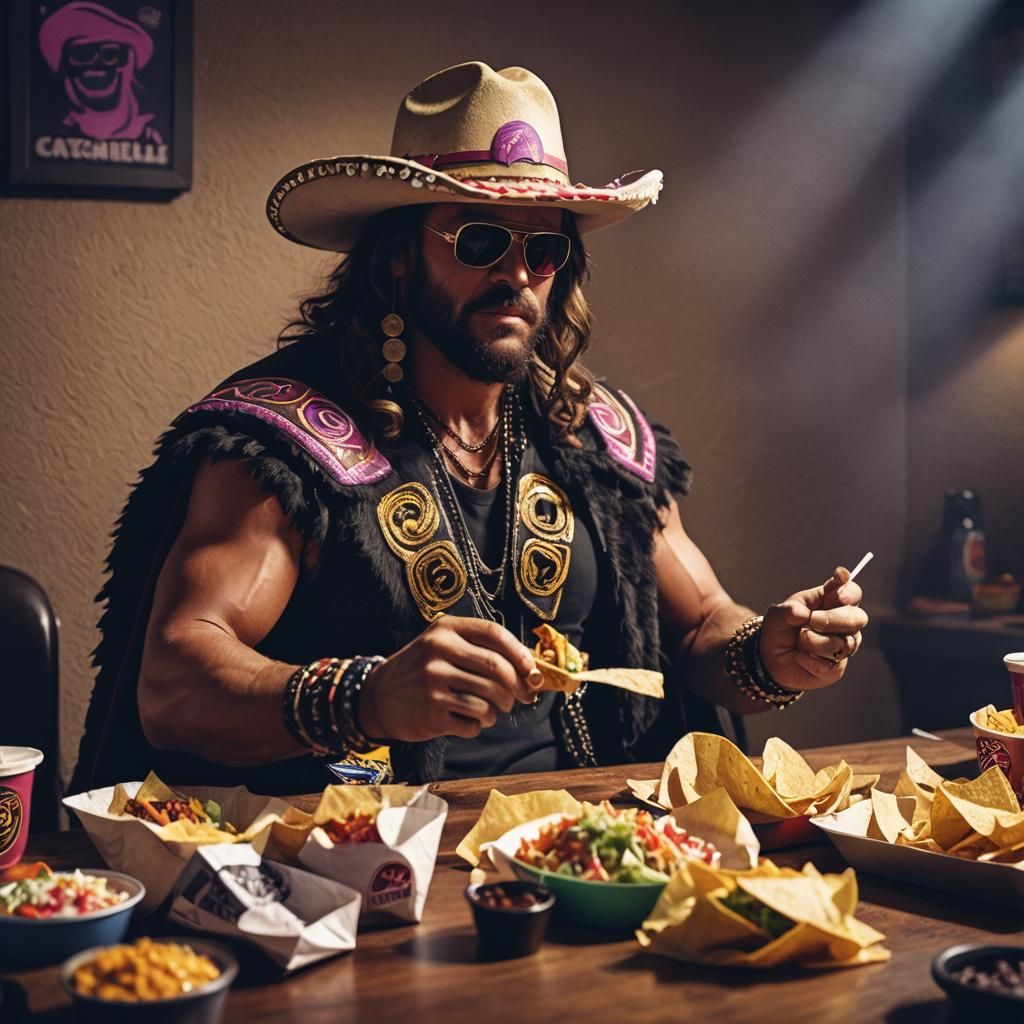 Macho Man's Taco Bell Feast: Cinematic Film Still