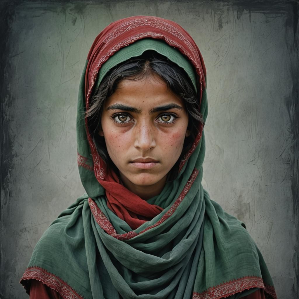/imagine prompt:A young Afghan girl with striking green eyes and a somber expression, wearing a red headscarf that parti...