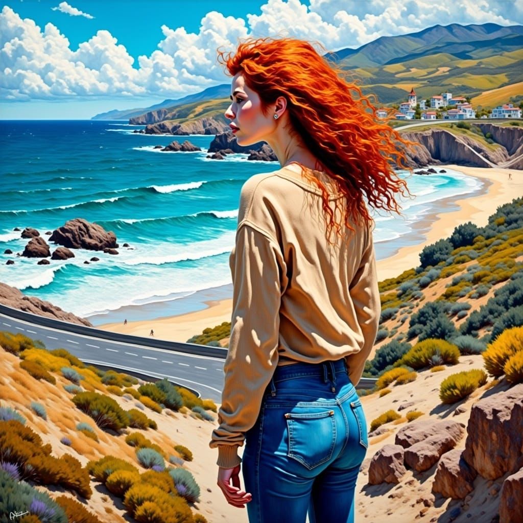 Enigmatic Redhead Contemplates Malibu Coast