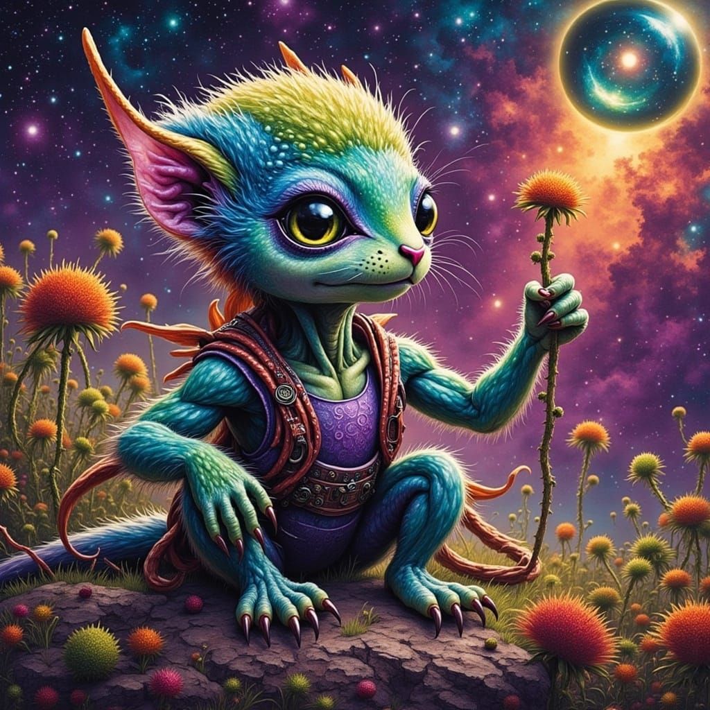 Bipedal Alien Creature Explores Vibrant Galaxy Landscape in...