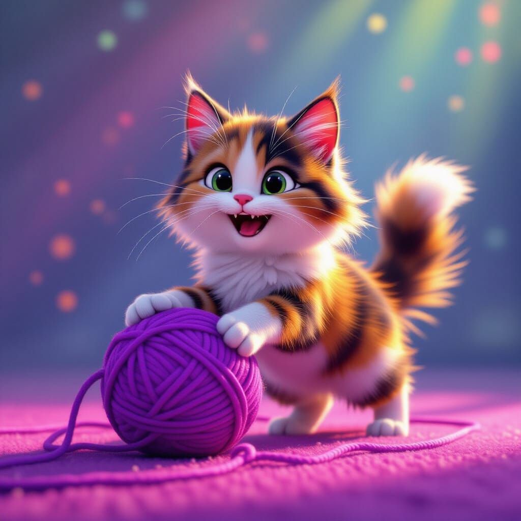 Fluffy Calico Cat Pounces on Yarn in Pixar Style