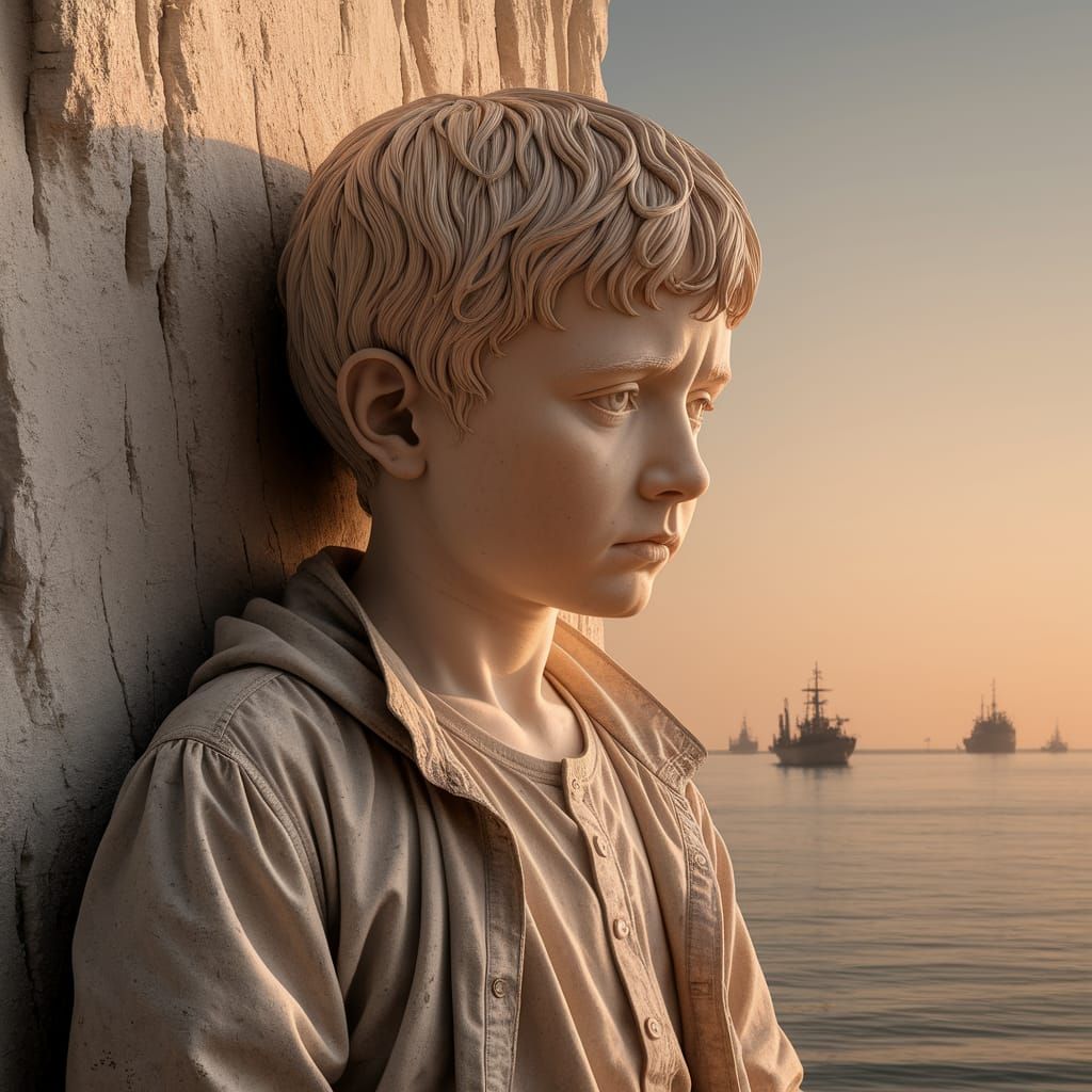 Surreal Chalk Portrait of a Sad Boy Contemplating the Englis...