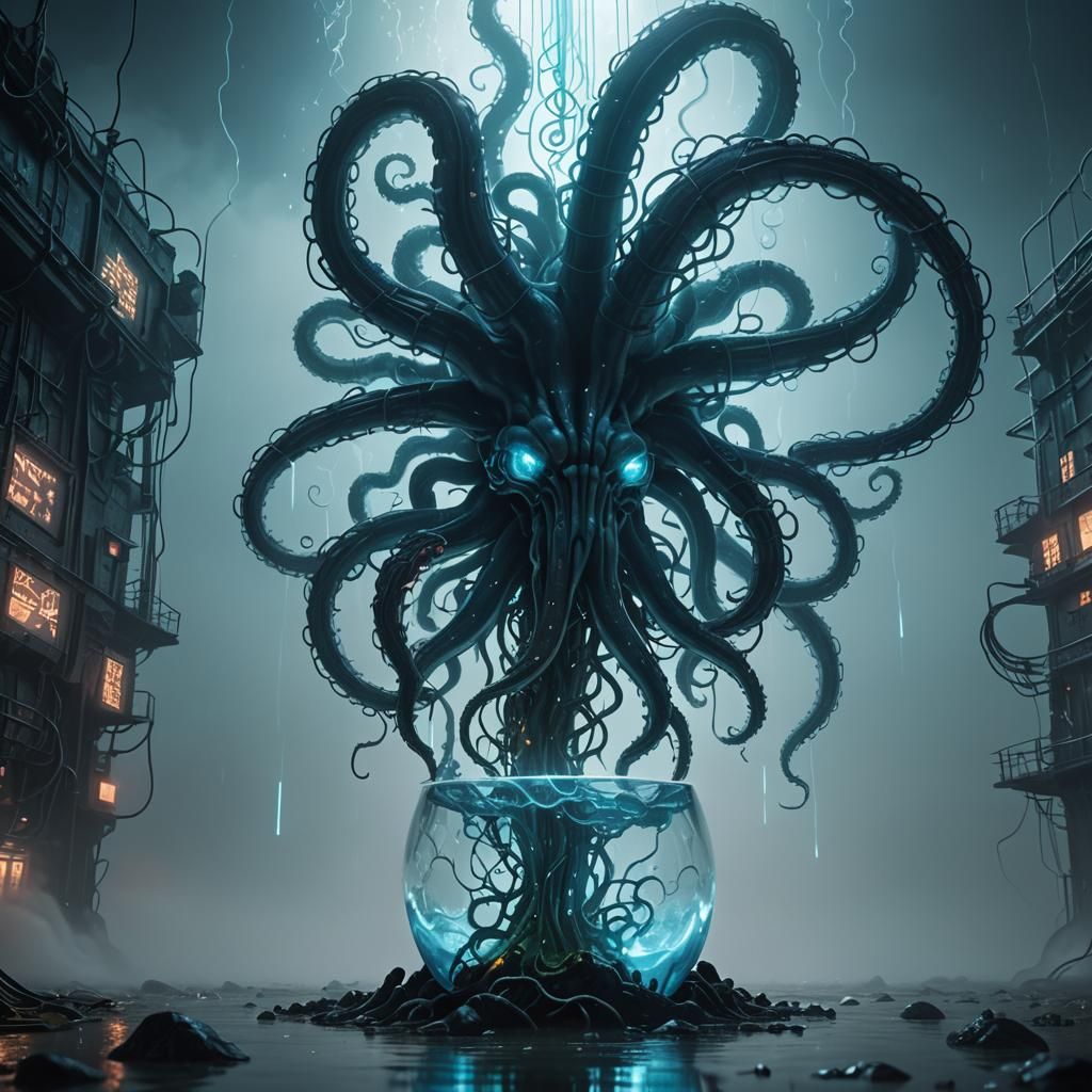 Cyberpunk Tentacle Grasping Glass Brain: 3D Render