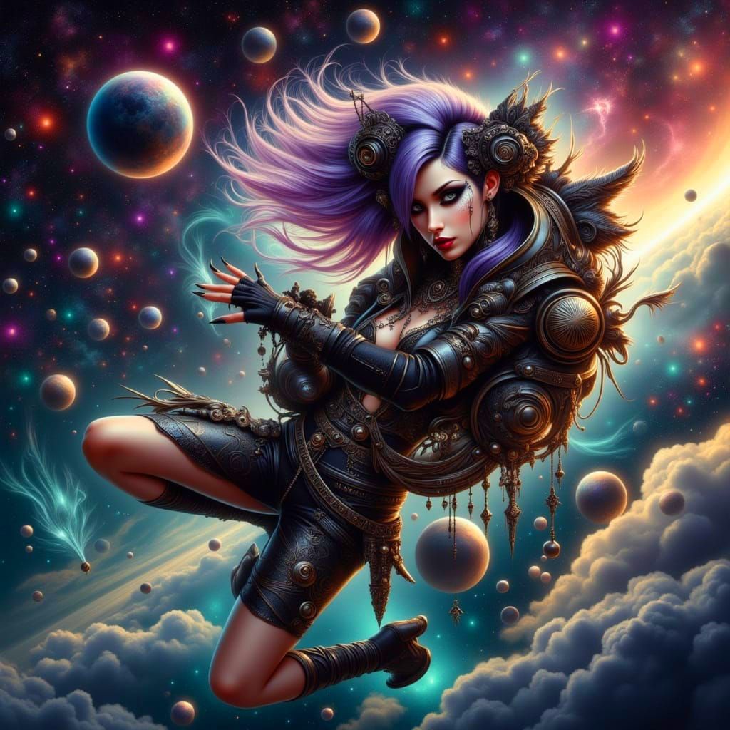 Cosmic Whimsy: Goth Punk in Futuristic Rococo Spacesuit