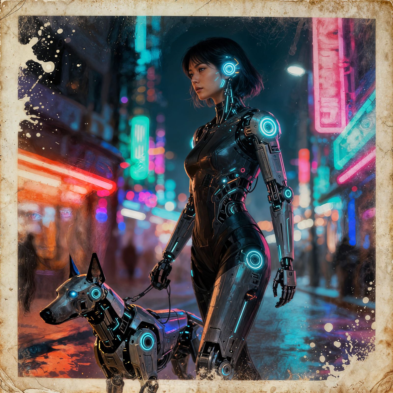 Cyborg Woman Walks Robotic Dog on Neon Street
