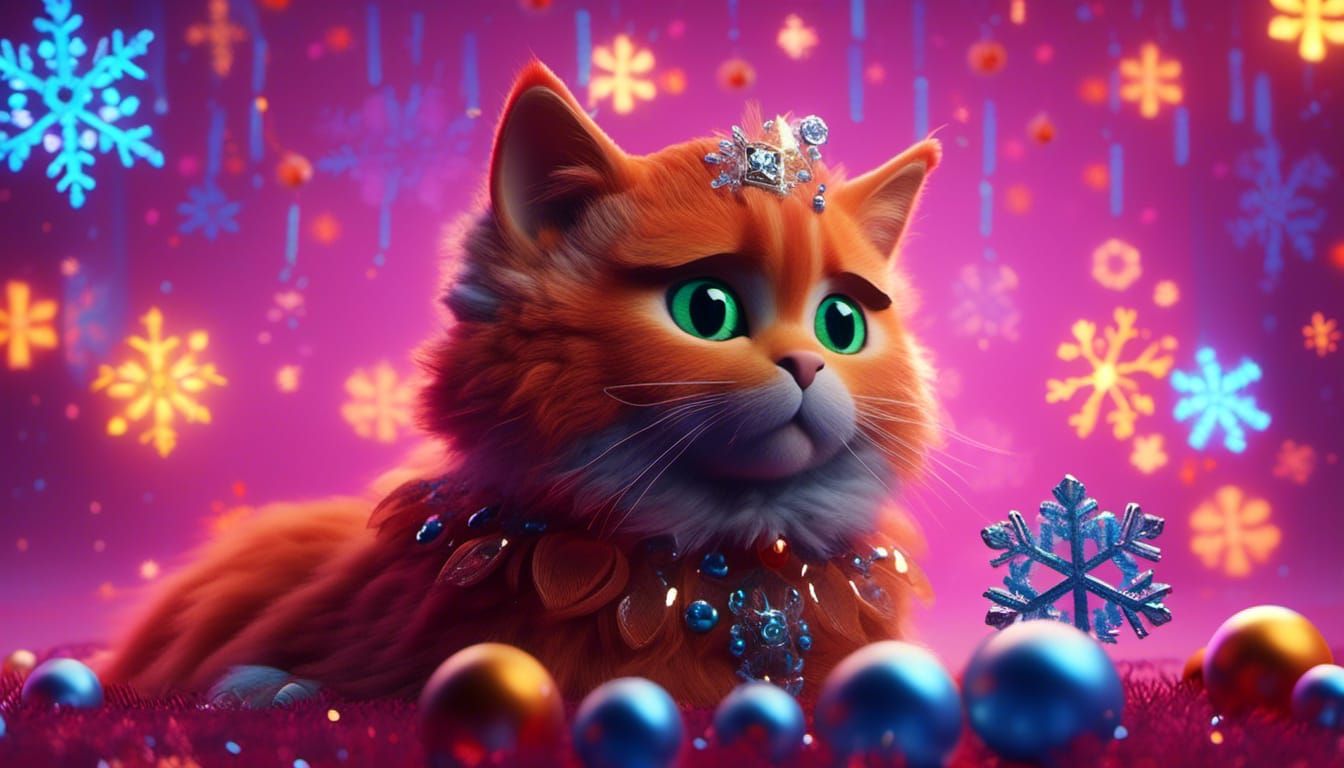 <lora:Trio:1.0> ginger black lace cat with forehead jewels christmas snowflakes  Pixar, Disney, concept art, 3d digital ...