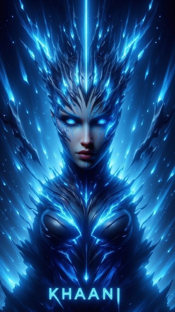 Queen KHAANI in Blue Amidst Ominous Flux, Neon Dystopian Sty...