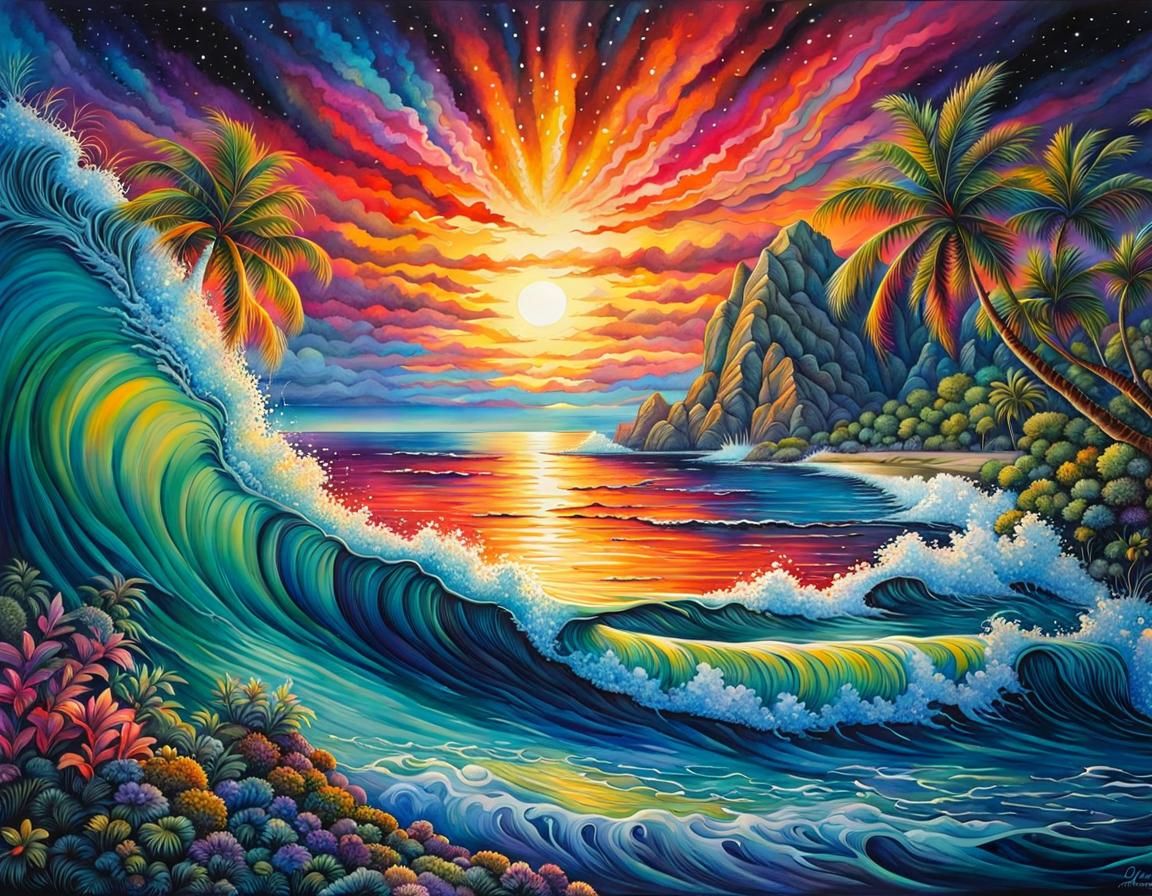 Tropical Island Sunset in Detailed Line and Watercolor