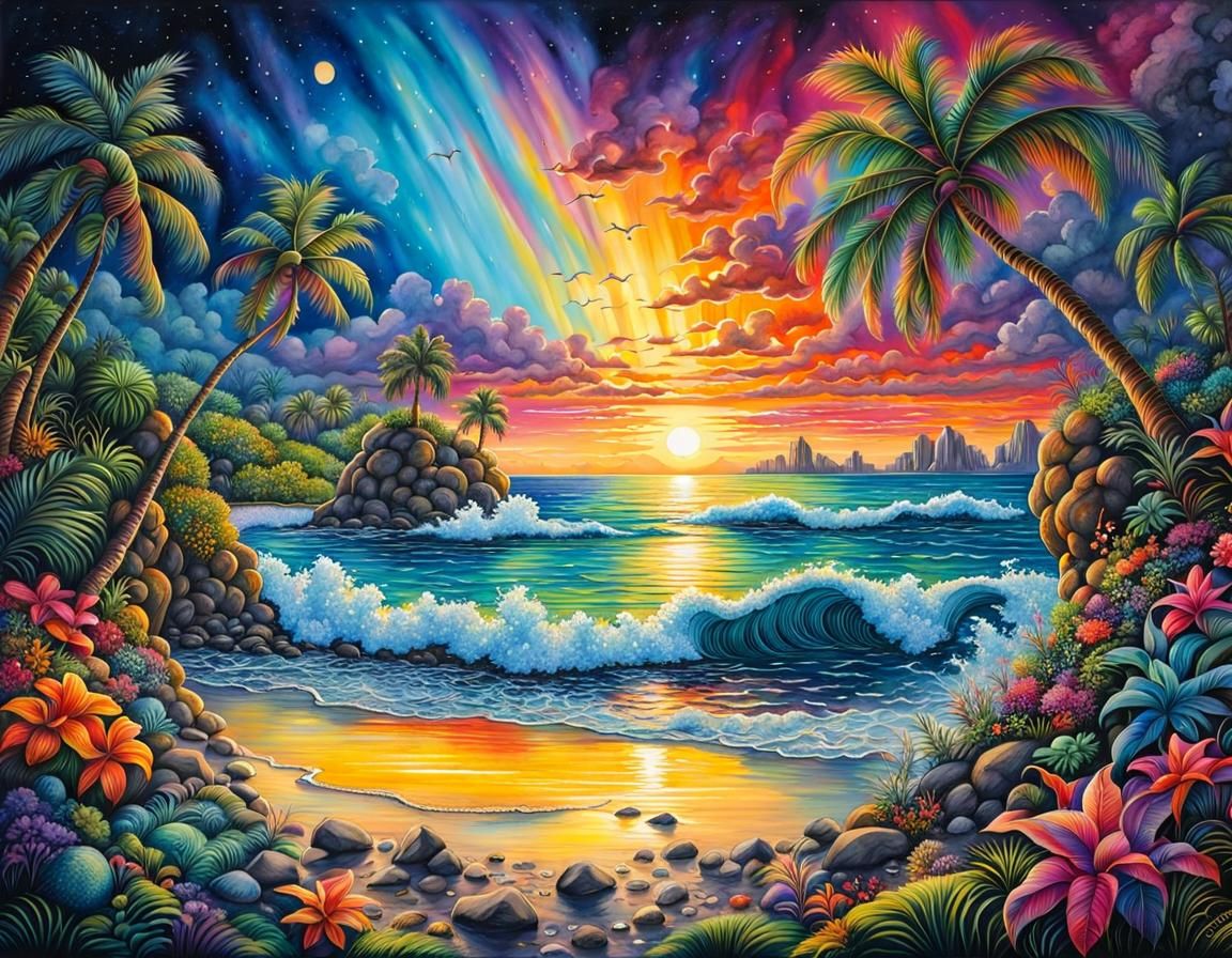 Tropical Island Sunset: Detailed Watercolor Painting