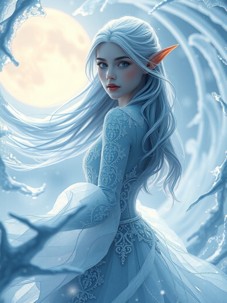 Crystalline Ice Elf in Ethereal Aurora