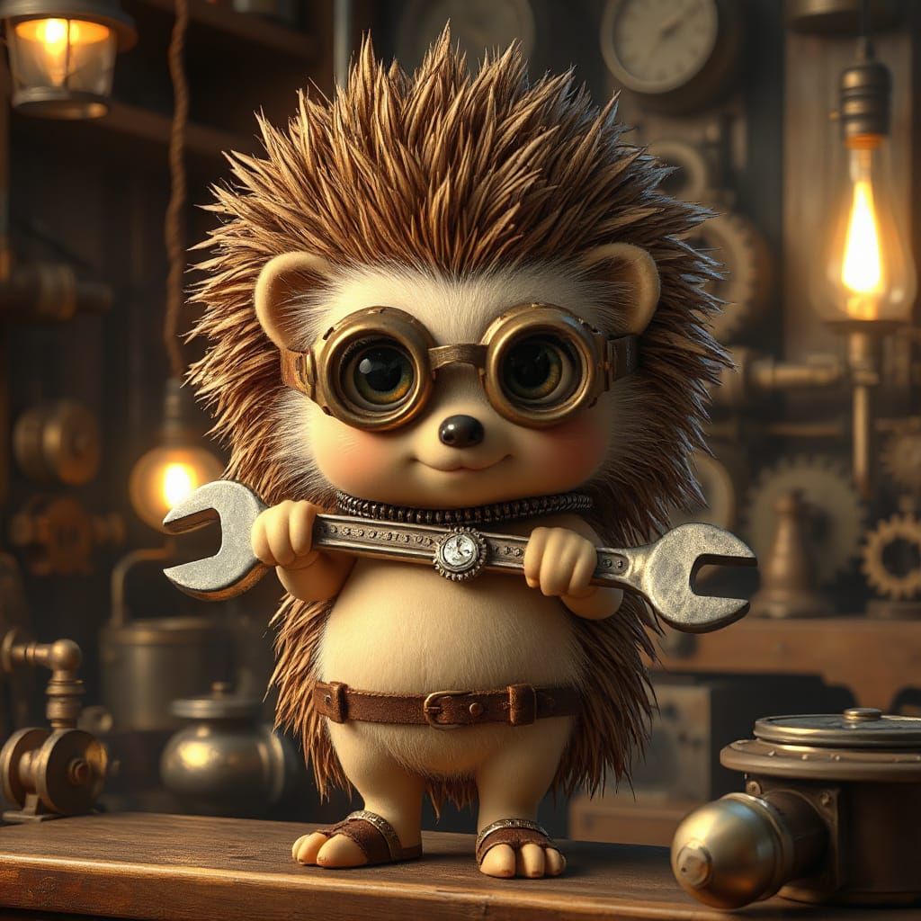 Steampunk Hedgehog Mechanic in Victorian Workshop