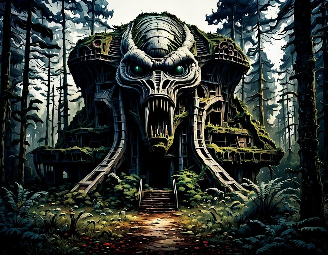 Alien Predator Head Building in Forest, 3D Render