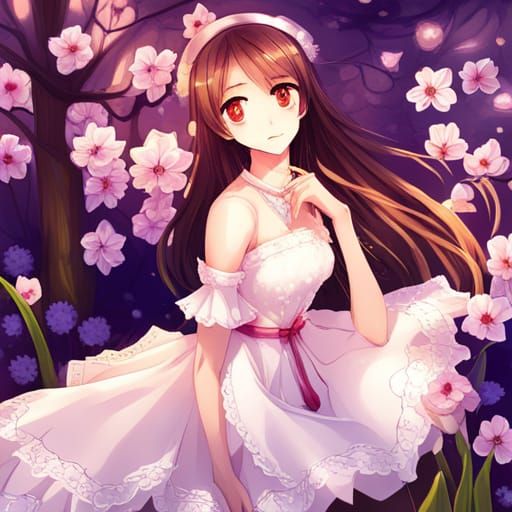 exquisite brown skin girl in violet colored dress surrounded by with tulips, daffodils, cherry blossoms. by artist "anim...