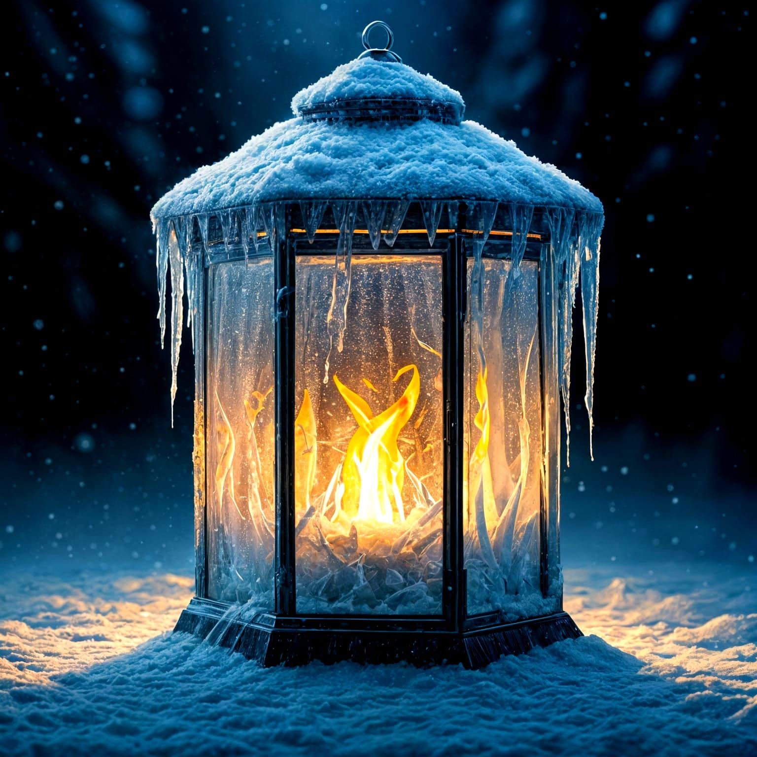 Icy Lantern Aglow in Winter Landscape