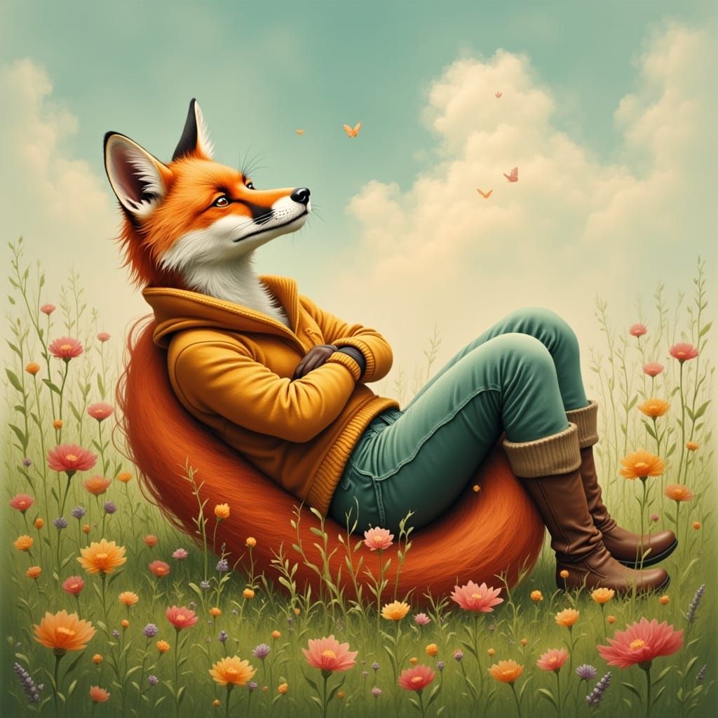 Relaxed Fox Chilling in Meadow, Whimsical Digital Art