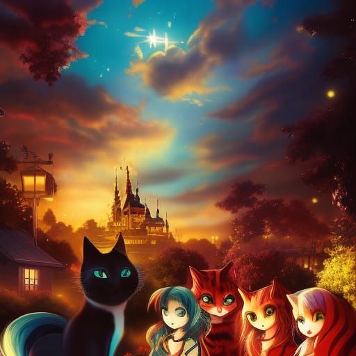 Surreal Vintage Anime Cat-Human Matte Painting