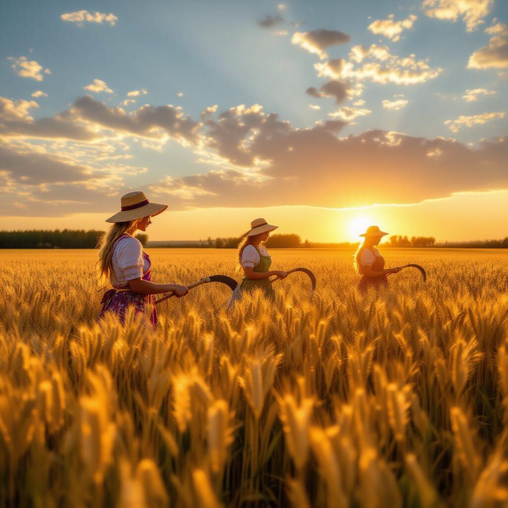 Ukrainian Girls Harvesting Grain in Golden Hour Field