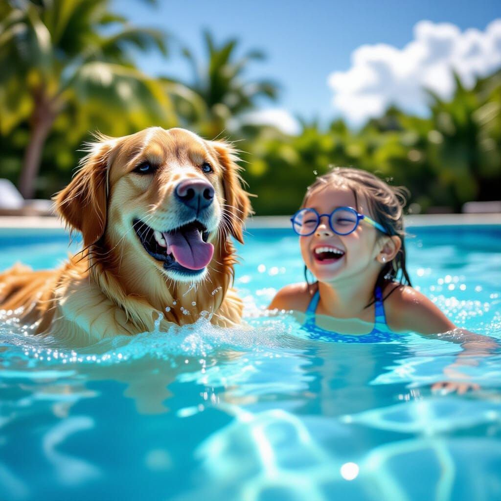 Joyful Dog and Girl Swim in Sunlit Pool