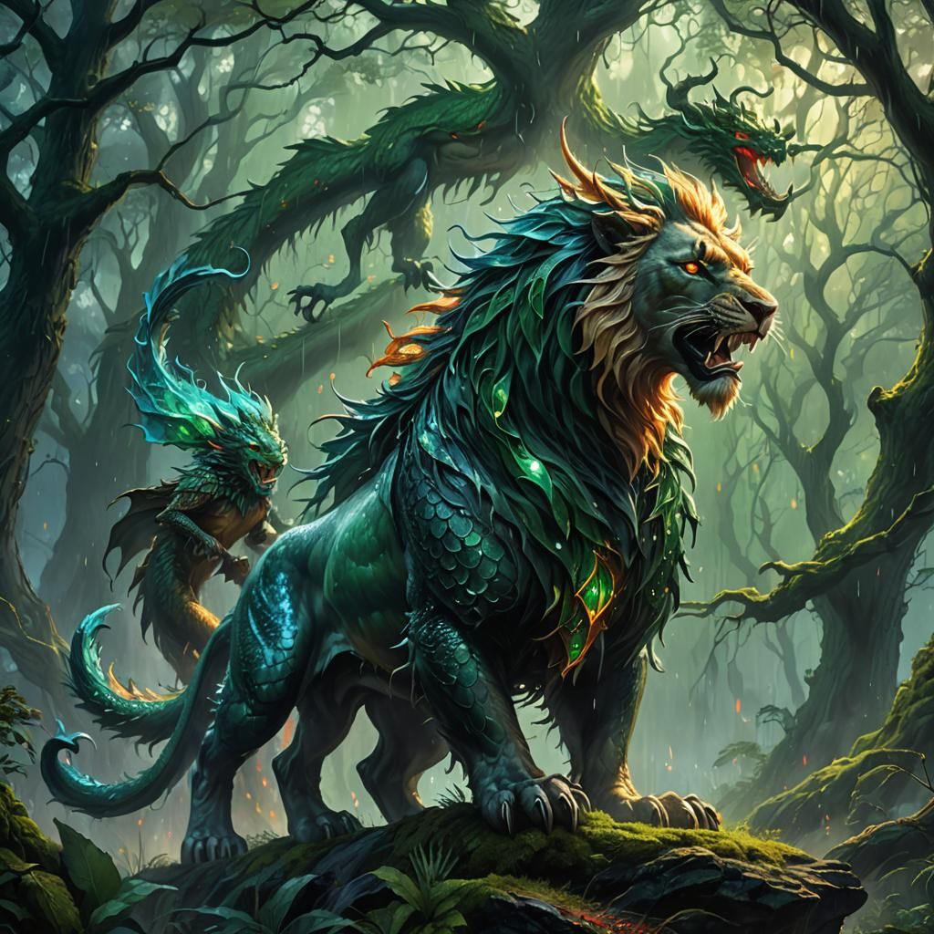 Aggressive Dragon-Lion Hybrid in a Misty Forest