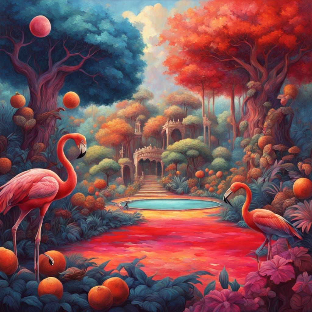 Surreal Tennis Court Painting with Exotic Fruit Trees and Fl...