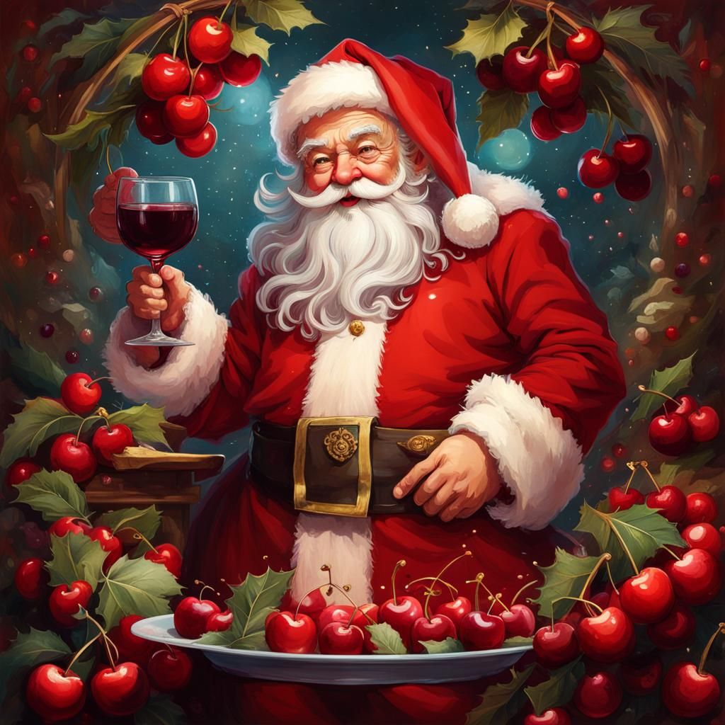 Chibi Santa Claus with Cherries and Wine