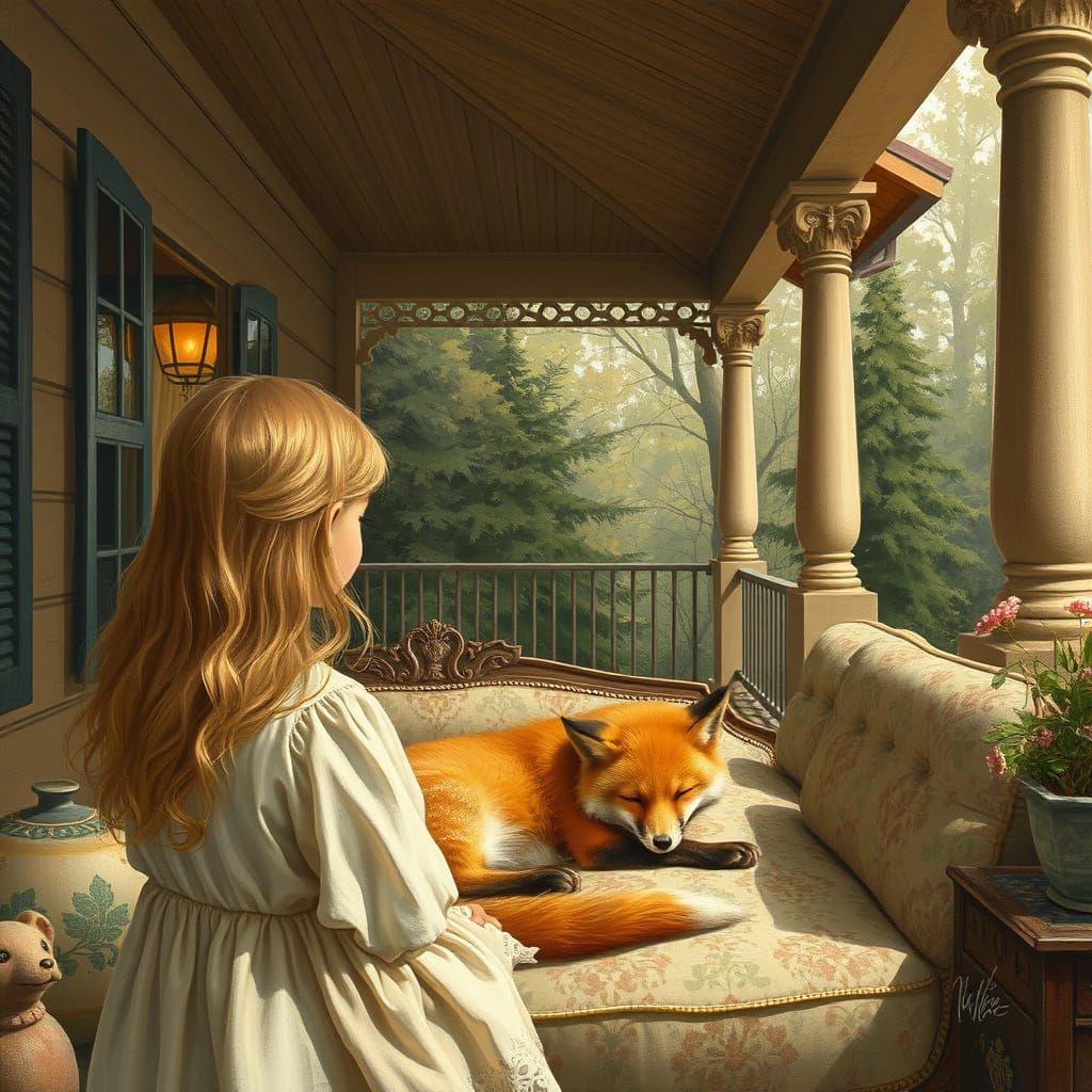 Fox Sleeping on Divan Under Veranda, Illustrative Style