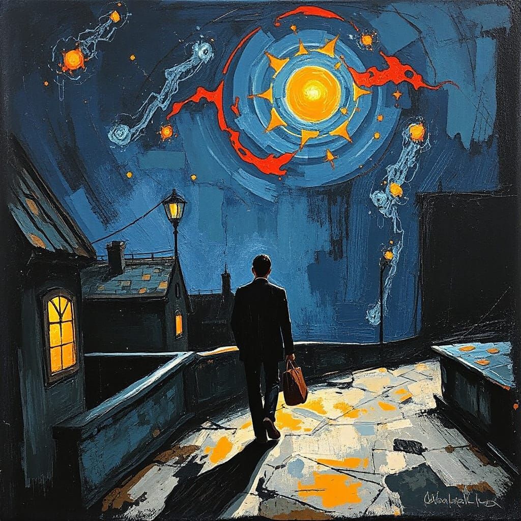 Expressive Figure Strolls Through Darkened Landscape with Fl...