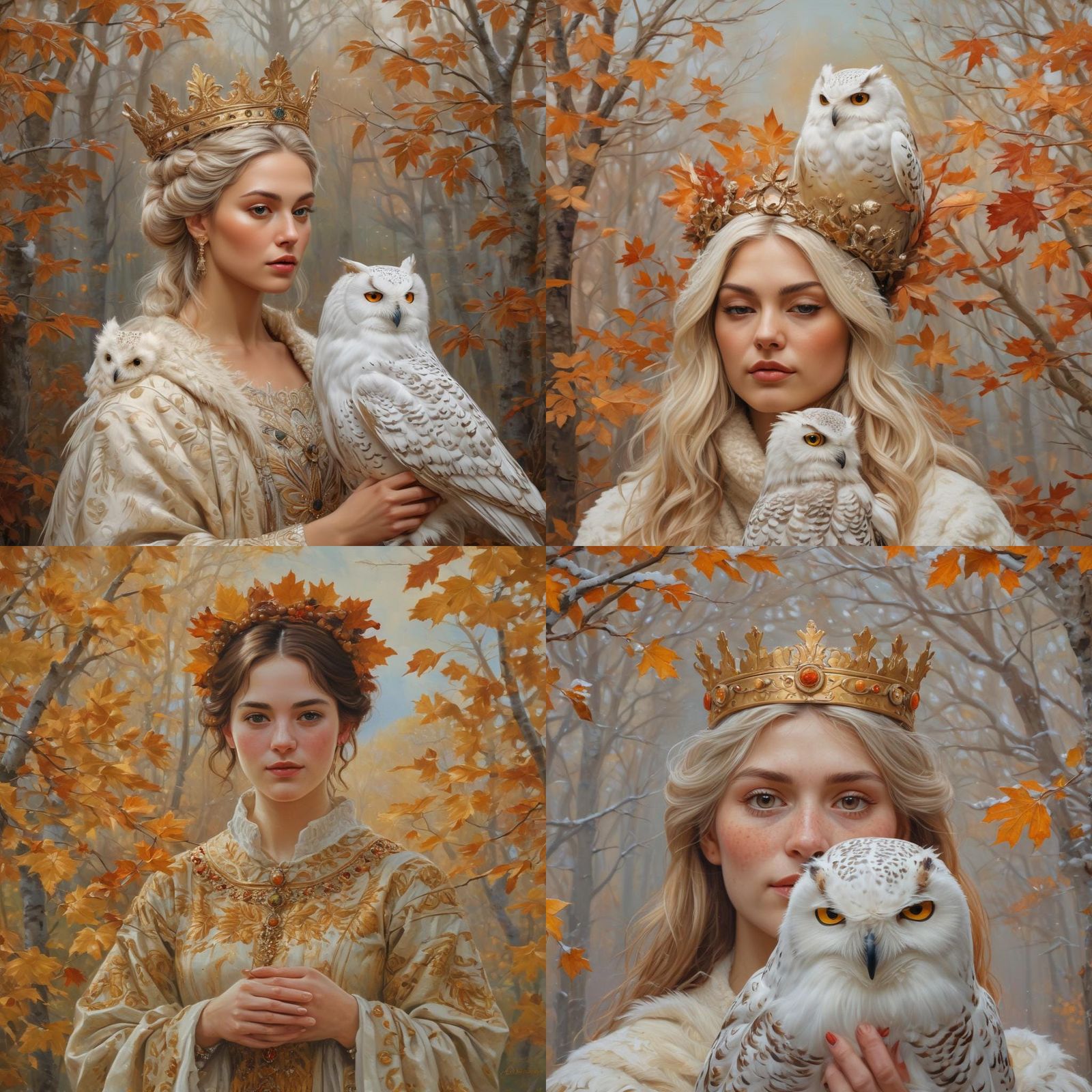 Woman with Crown and Owl in Autumnal Setting
