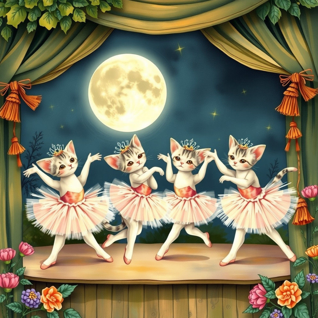Ballerina Kittens Dancing: Dreamlike Watercolor Painting