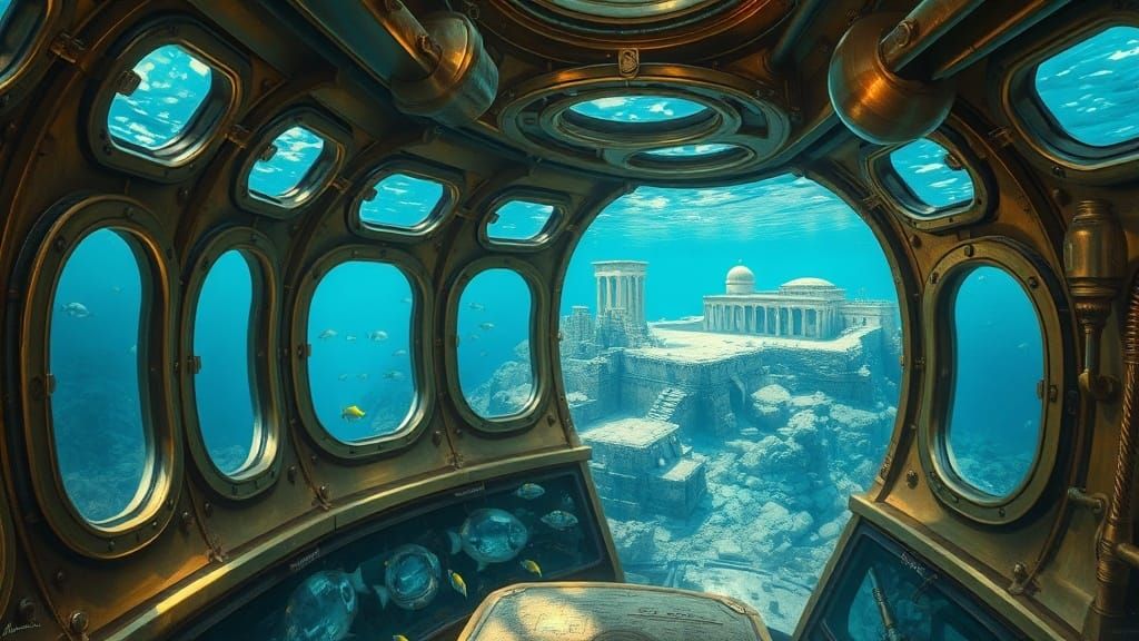 Steampunk Submarine Interior Views Ancient Greek Ruins Under...