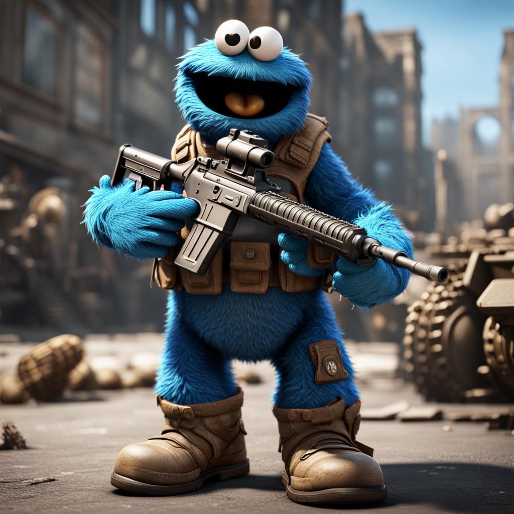 Cookie Monster Soldier in 3D Game Cinematic Style