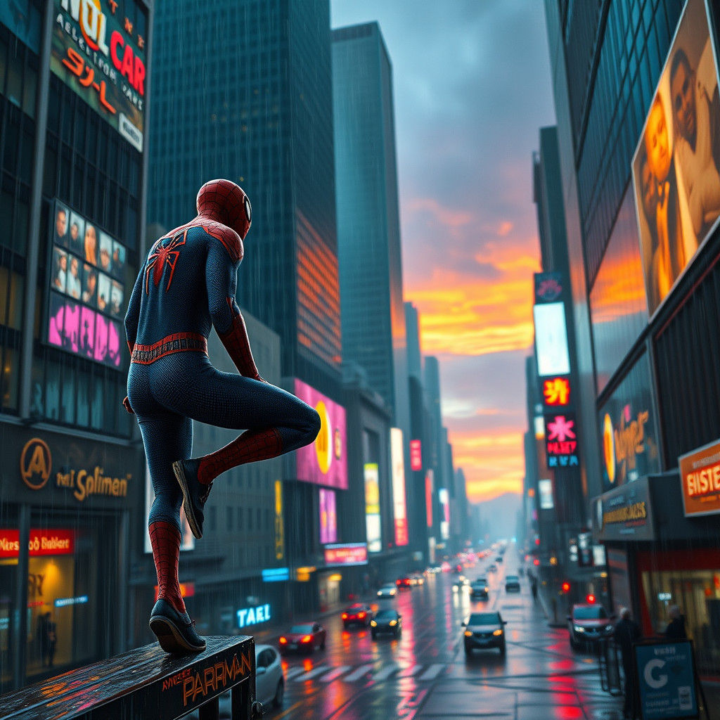 Spiderman in Gritty Cyberpunk Cityscape