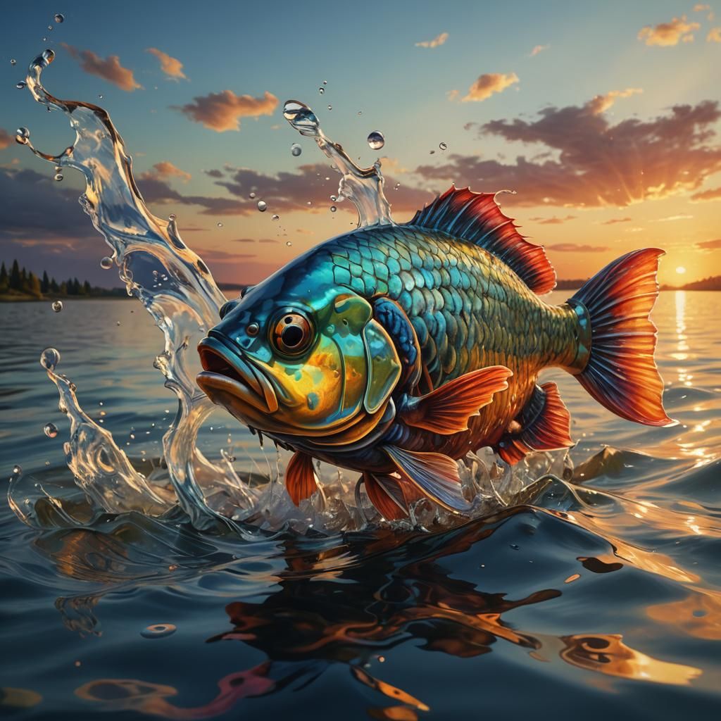 Fish Out of Water at Sunset: Hyperrealistic Splash Art