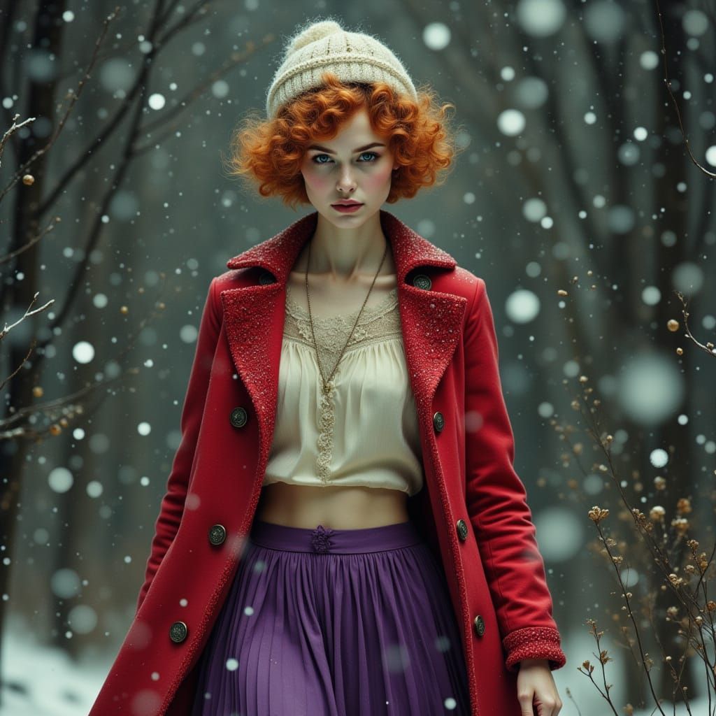 Ethereal Woman in Snow, Vintage Style