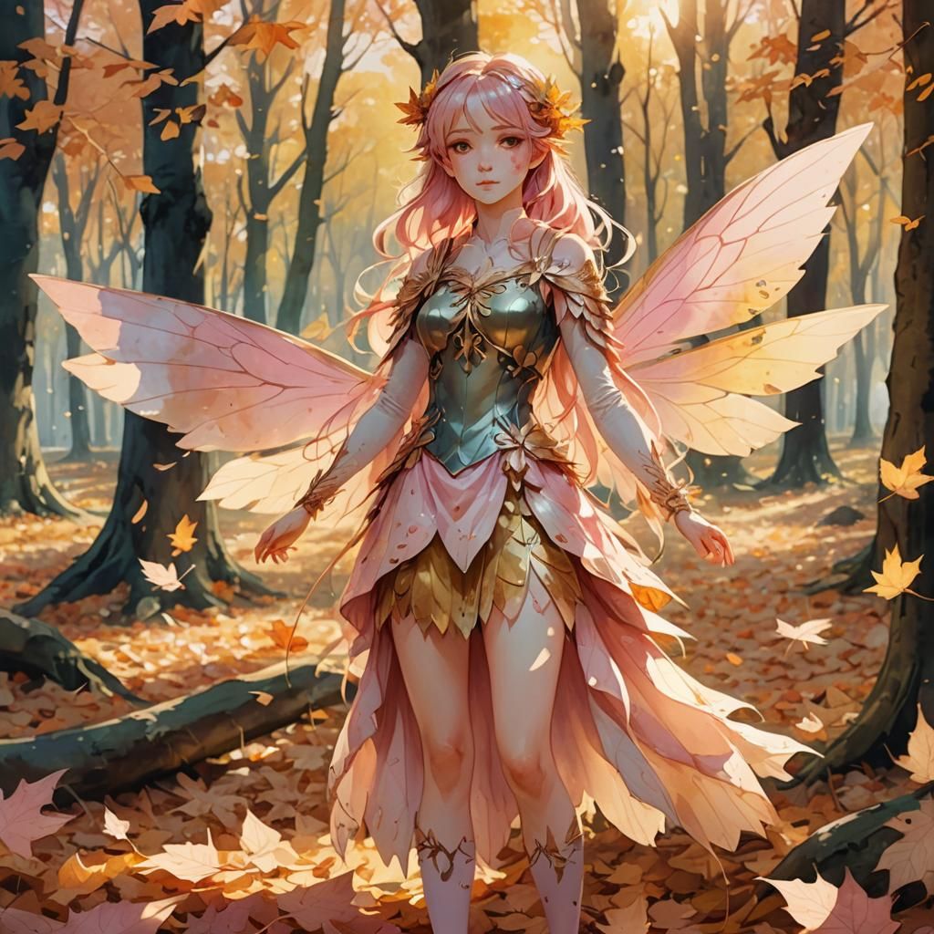 Autumn Fairy in Forest Glade, Watercolor Anime Style