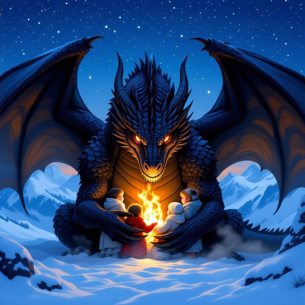 Dragon Cradling Children in a Pre-Raphaelite Style