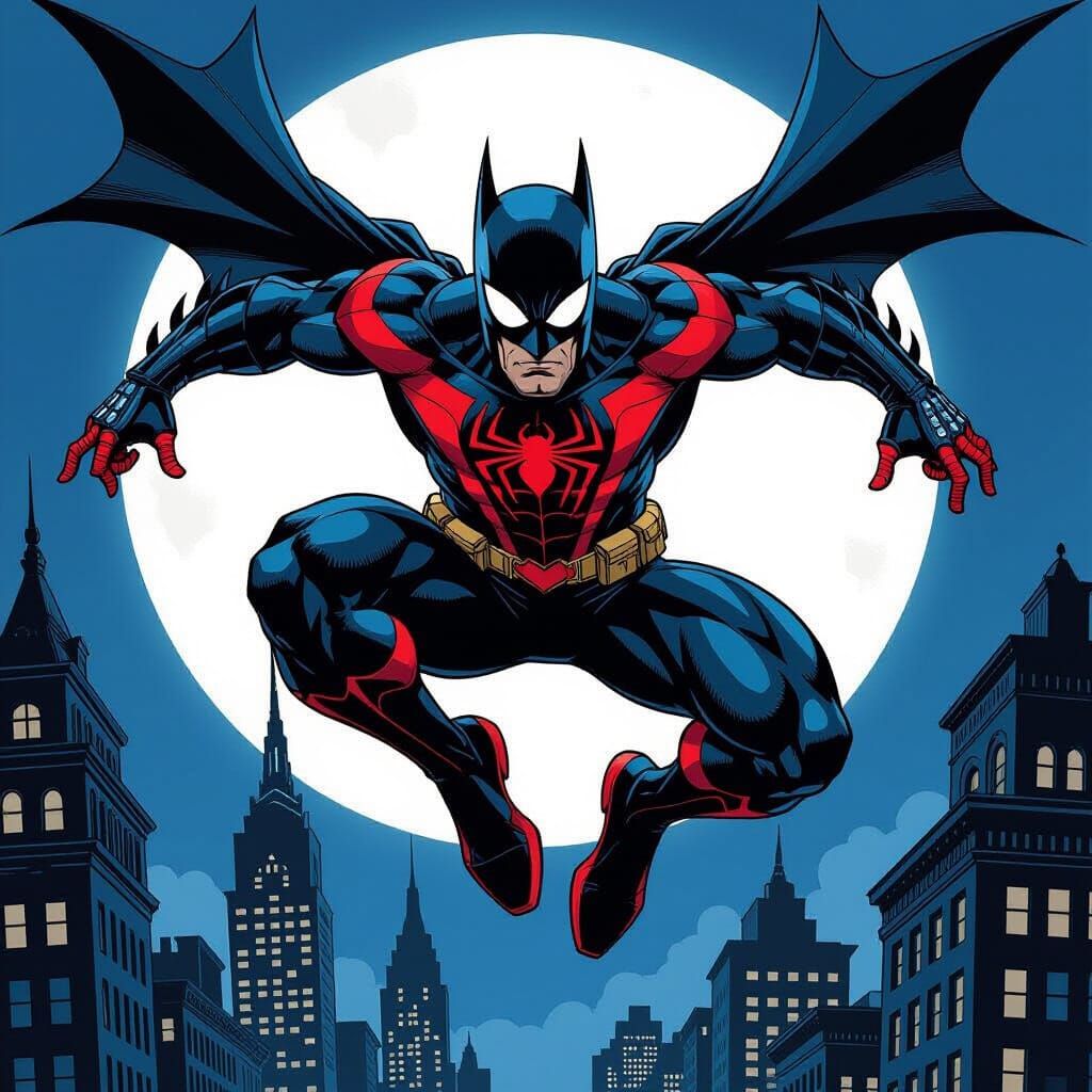 Heroic Batman & Spider-Man Fusion Leaping Through Gotham