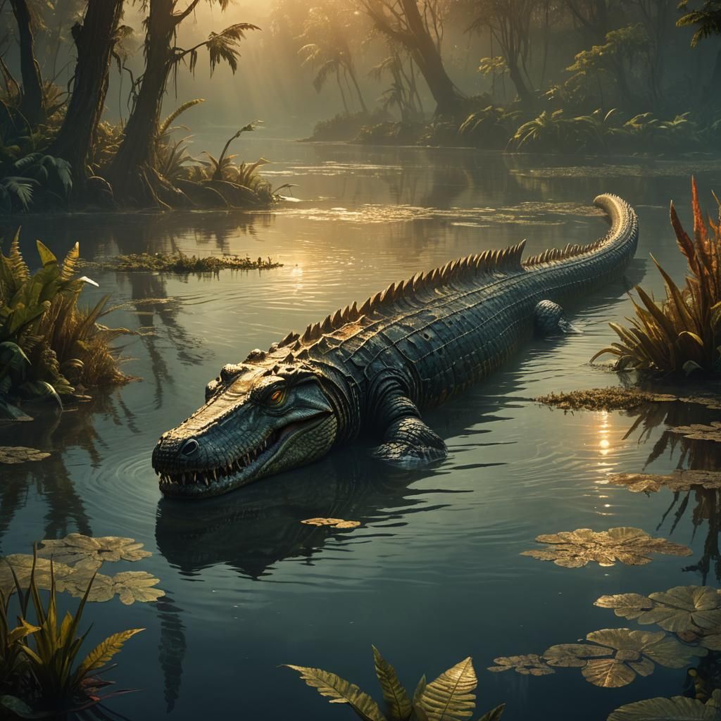 Sarcosuchus in Murky Lake: Fantasy Concept Art