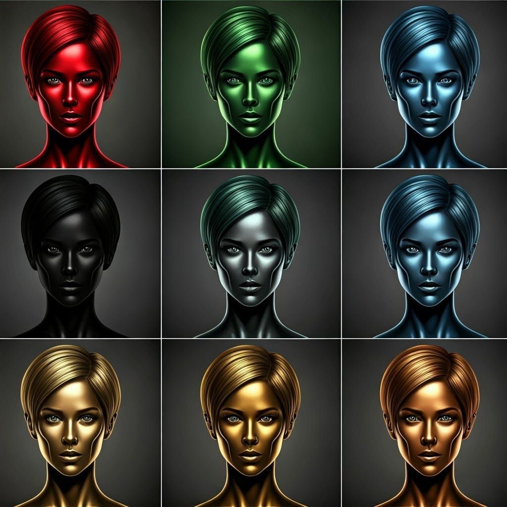 Metallic Woman Faces in Red, Green and Blue