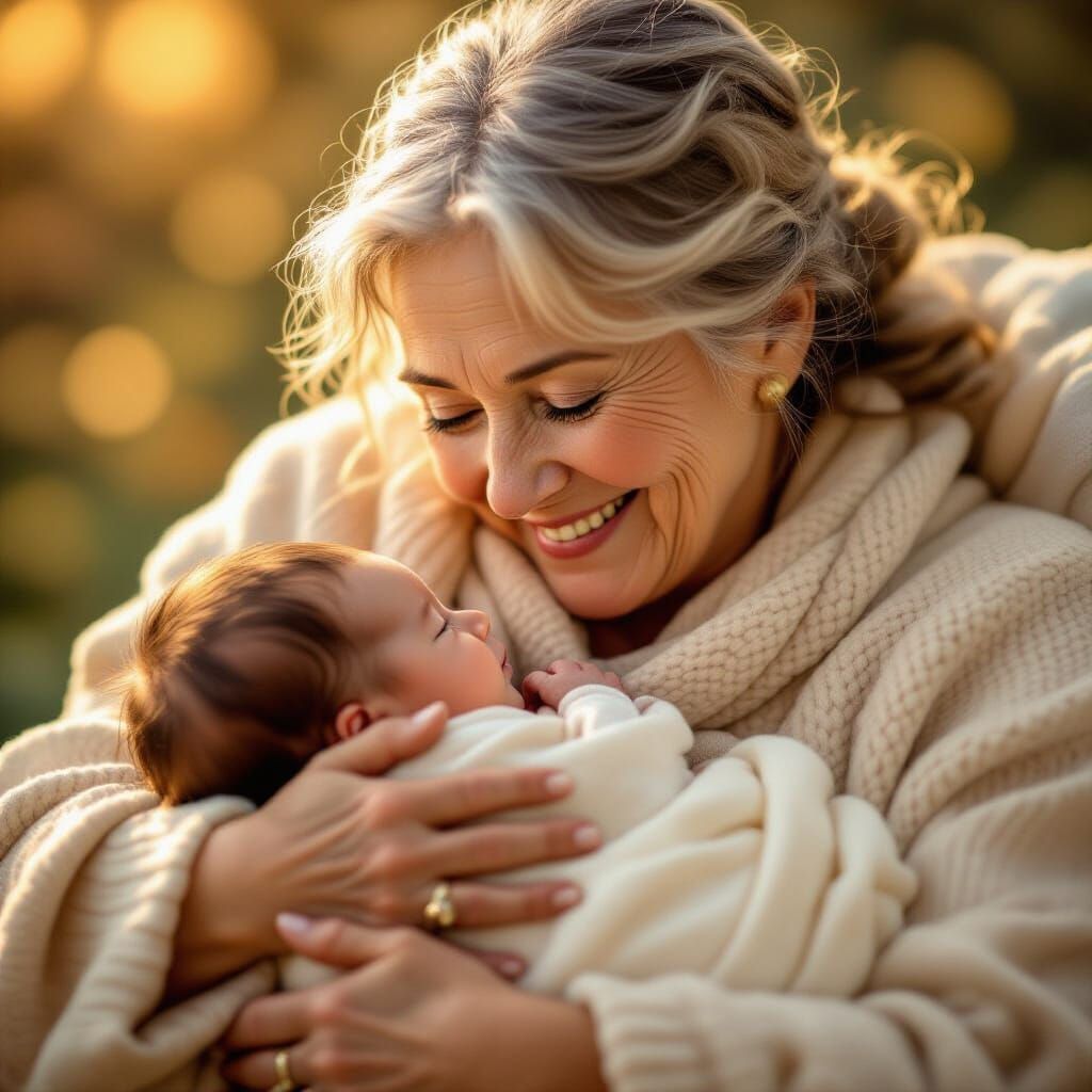 Elderly Woman Gazes Lovingly at Newborn Baby at Golden Hour
