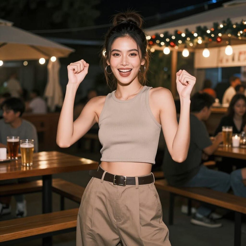 Charismatic Thai Girl Cheers at Nighttime Beer Patio