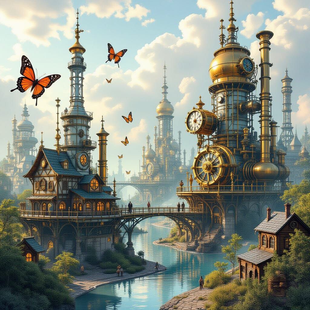 Biomechanical Steampunk Landscape with Clockwork Elements