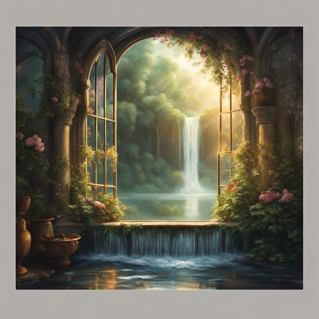 Enchanting Waterfall Scene in Dreamlike Interior