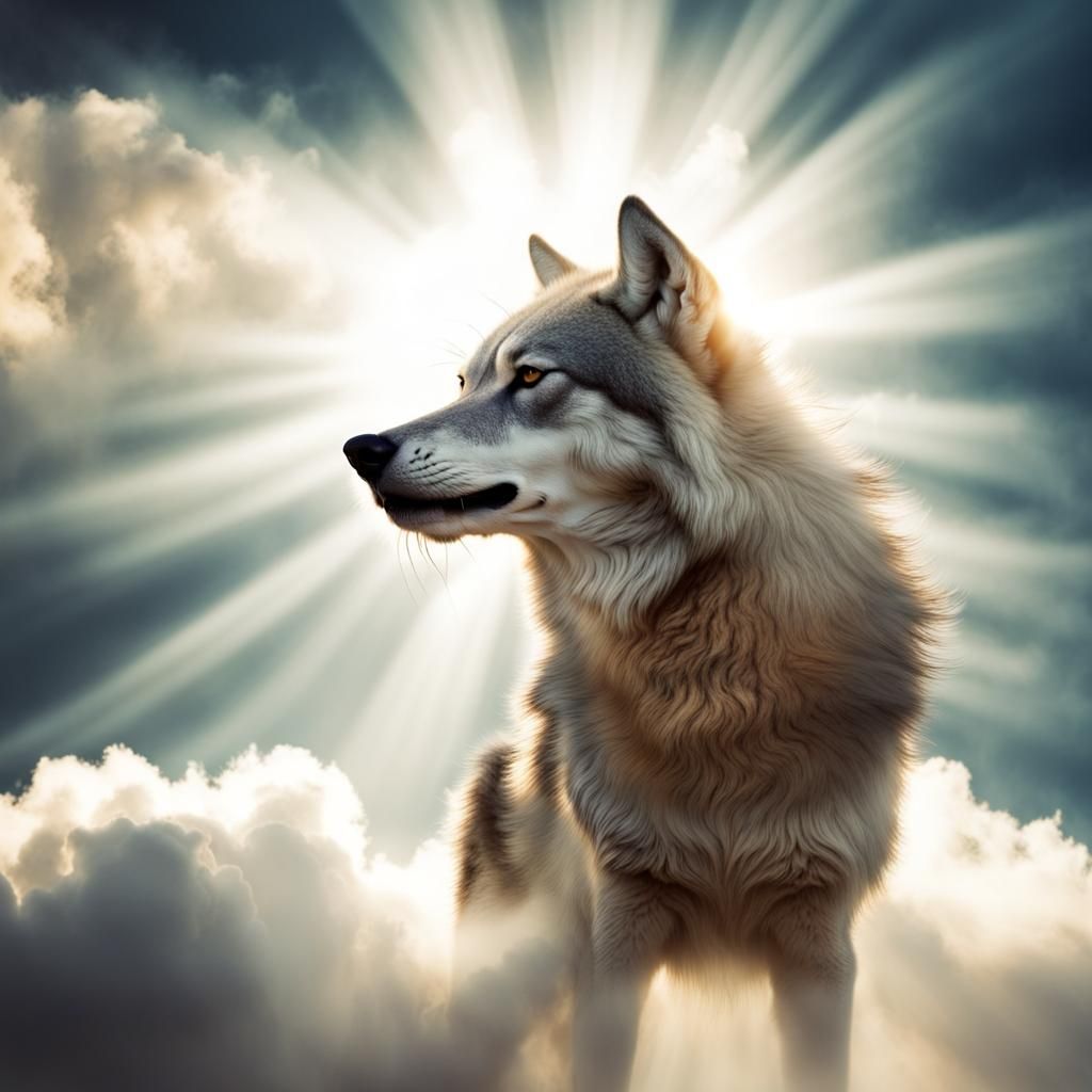 Divine Wolf Head in Heavenly Sunlight