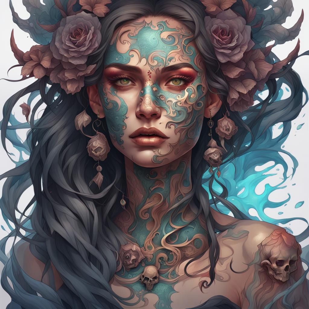 Woman's Face Tattoo with Demonic Skull Design